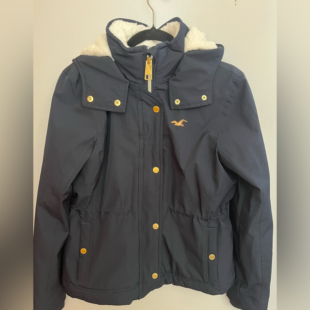 Hollister Navy fur lined coat. Size S